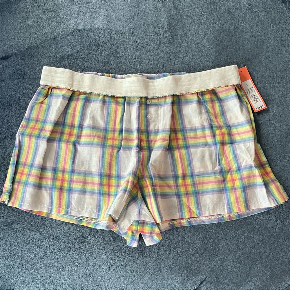 Women's Rainbow Plaid Foldover Waistband Boxer Sleep Shorts - Colsie Size Large